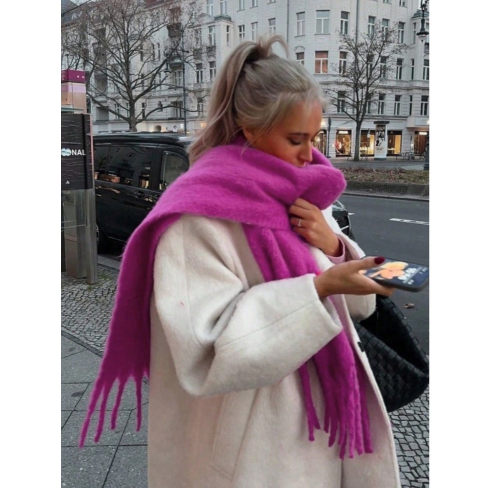 Magenta Wide Shawl Scarf With Tassels Fuzzy Knit